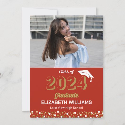 Gouden Script Confetti Foto Rode Grad Aankondiging (Voorkant)