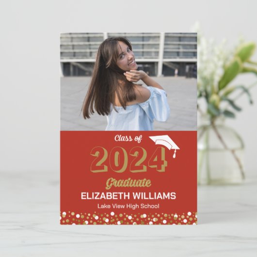 Gouden Script Confetti Foto Rode Grad Aankondiging (Staand voorkant)