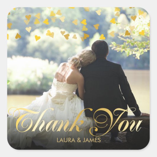 Gouden Script Dank Je Foto Gouden Confetti Vierkante Sticker (Voorkant)