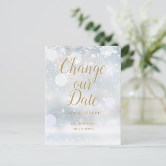 Gouden Script Datumwijziging Uitgesteld Wintereven Briefkaart (Staand voorkant)