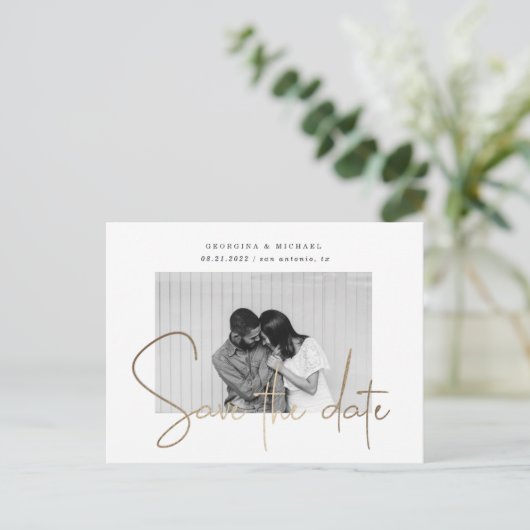gouden script één foto save the date briefkaart (Staand voorkant)