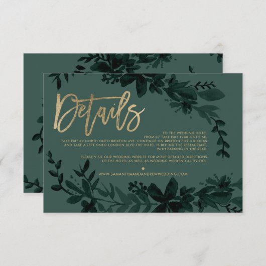 Gouden script Floral diepgroene trouwrichting Informatiekaartje (Voorkant / Achterkant)