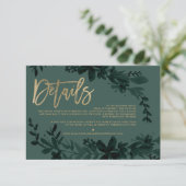 Gouden script Floral diepgroene trouwrichting Informatiekaartje (Staand voorkant)