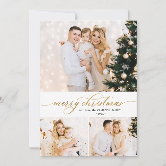 Gouden Script Foliage 3 Fotocollage Kerst Kaart (Voorkant)