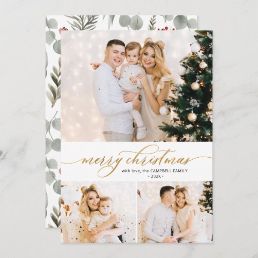 Gouden Script Foliage 3 Fotocollage Kerst Kaart (Voorkant / Achterkant)