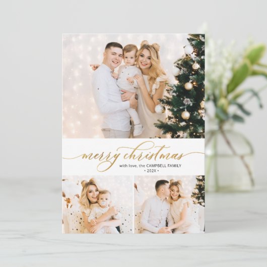 Gouden Script Foliage 3 Fotocollage Kerst Kaart (Staand voorkant)