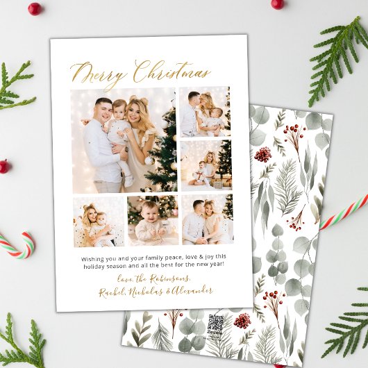 Gouden Script Foliage 6 Multi Photo Christmas Feestdagenkaart