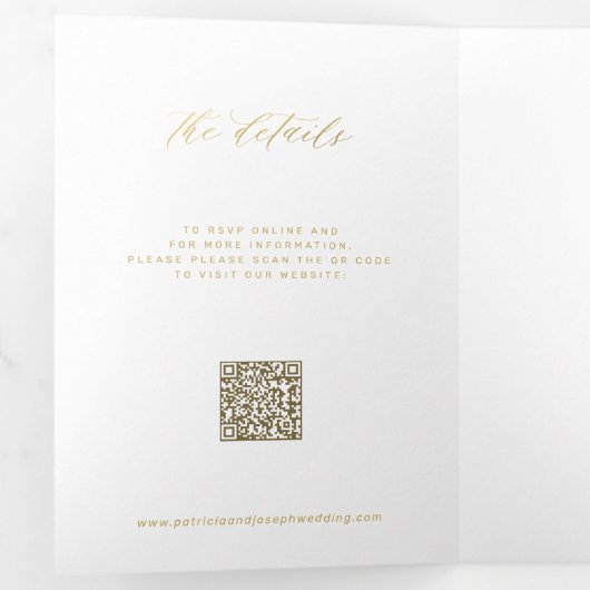 Gouden script foto bruiloft RSVP details QR code Drieluik Uitnodiging (Binnenzijde eerst)