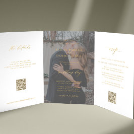 Gouden script foto bruiloft RSVP details QR code Drieluik Uitnodiging
