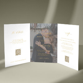 Gouden script foto bruiloft RSVP details QR code Drieluik Uitnodiging
