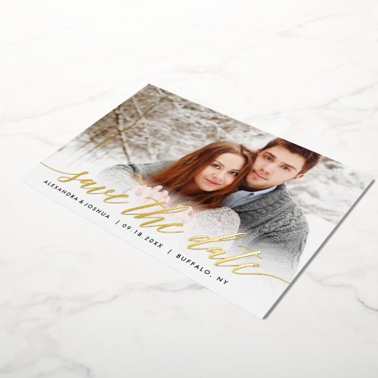Gouden Script Foto Save the Date in Goud Folie Folie Uitnodiging (Gedraaid)