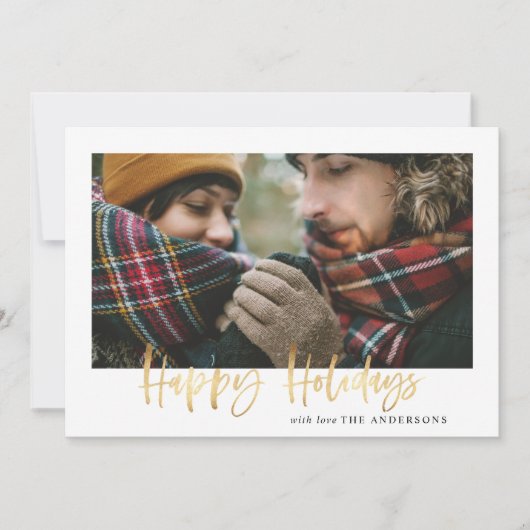 Gouden script gelukkig kerstmis mosterd tartan 1 f feestdagenkaart (Voorkant)