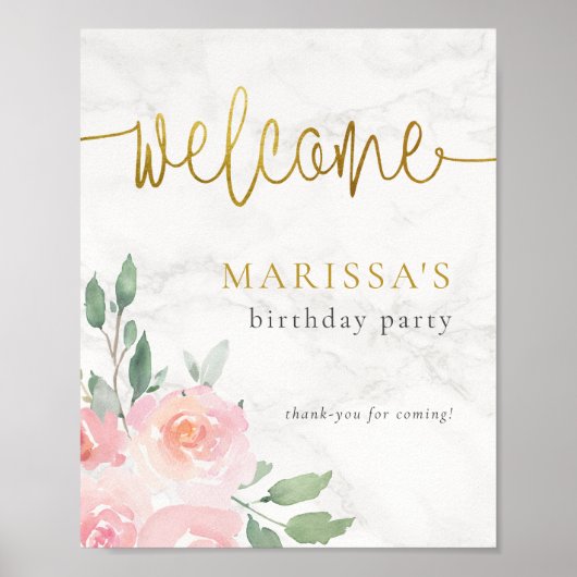 Gouden Script geschilderd Floral Verjaardagsfeest  Poster (Voorkant)