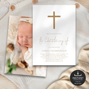 Gouden Script Glitter Cross foto doopsel Kaart