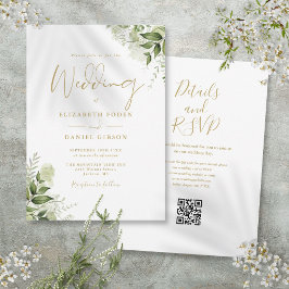 Gouden Script Groene Bloemen QR Code Trouwdag Kaart