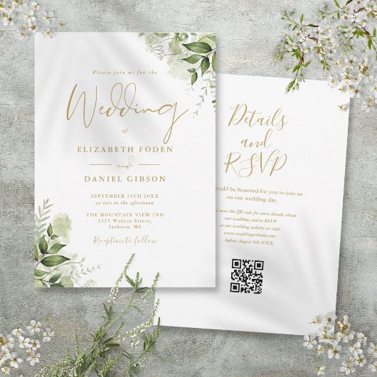 Gouden Script Groene Bloemen QR Code Trouwkaart Kaart