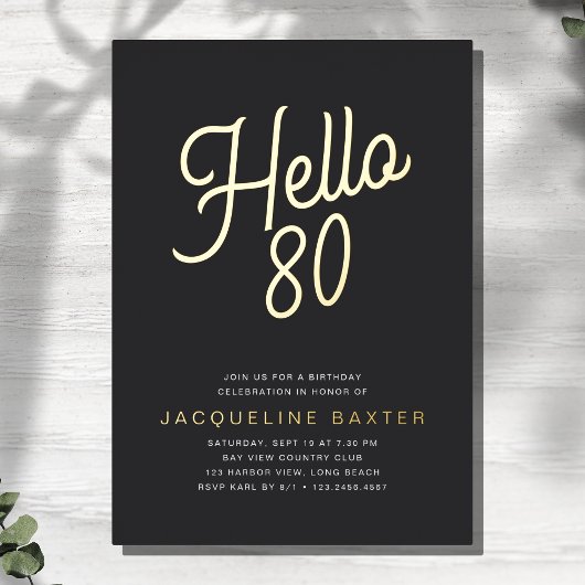 Gouden Script Hallo 80 80ste Verjaardagsfeestje Folie Uitnodiging