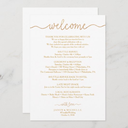 Gouden Script Huwelijksprogramma - Bruiloft Welkom Programmakaart (Voorkant / Achterkant)
