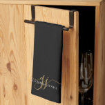 Gouden Script Initialen Monogram Minimalistisch Zw Theedoek<br><div class="desc">Een chique modern stijlvol gouden wit monogram op zwarte keukenhanddoek,  met een dramatisch script initiaal met swashes en je volledige naam in een modern serif type,  post het notities. Eenvoudige elegantie.</div>
