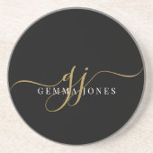 Gouden Script Initialen Monogram Minimalistisch Zw Zandsteen Onderzetter (Voorkant)