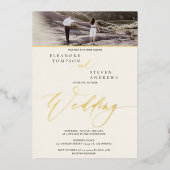 gouden script ivoor 2 foto's bruiloft folie uitnodiging (Voorkant)