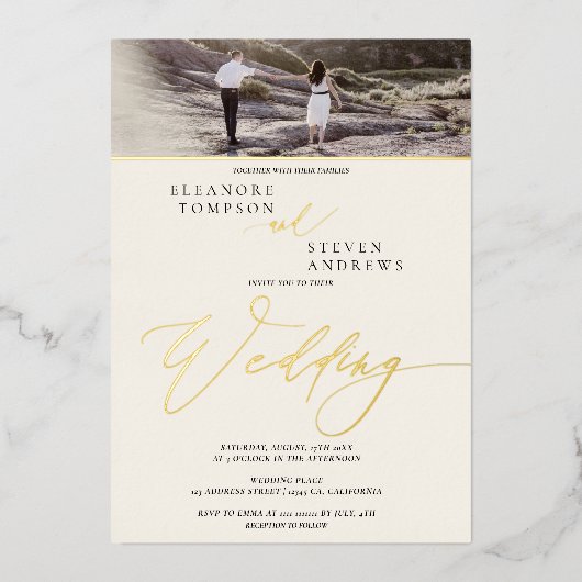 gouden script ivoor 2 foto's bruiloft folie uitnodiging (Voorkant)