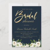 Gouden Script Ivoor Wit Bloemen Navy vrijgezellenf Kaart (Voorkant)
