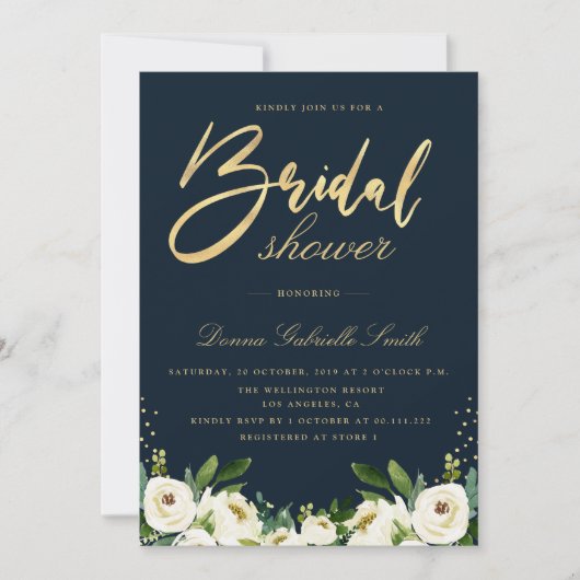 Gouden Script Ivoor Wit Bloemen Navy vrijgezellenf Kaart (Voorkant)