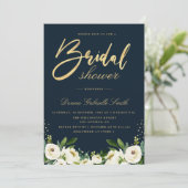 Gouden Script Ivoor Wit Bloemen Navy vrijgezellenf Kaart (Staand voorkant)