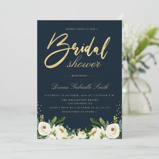 Gouden Script Ivoor Wit Bloemen Navy vrijgezellenf Kaart (Staand voorkant)