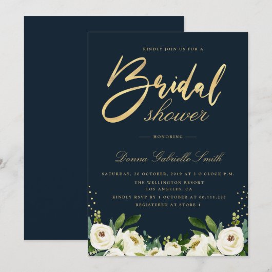 Gouden Script Ivoor Wit Bloemen Navy vrijgezellenf Kaart (Voorkant / Achterkant)