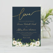 Gouden Script Ivoor Wit Tuin Bloemen Navy Bruiloft Kaart (Staand voorkant)