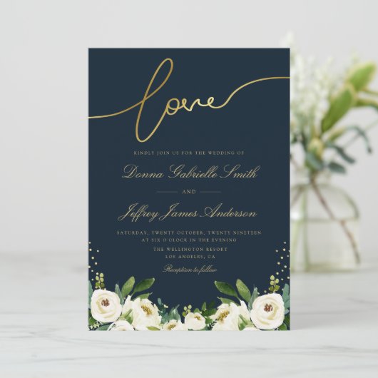 Gouden Script Ivoor Wit Tuin Bloemen Navy Bruiloft Kaart (Staand voorkant)