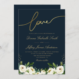 Gouden Script Ivoor Wit Tuin Bloemen Navy Bruiloft Kaart
