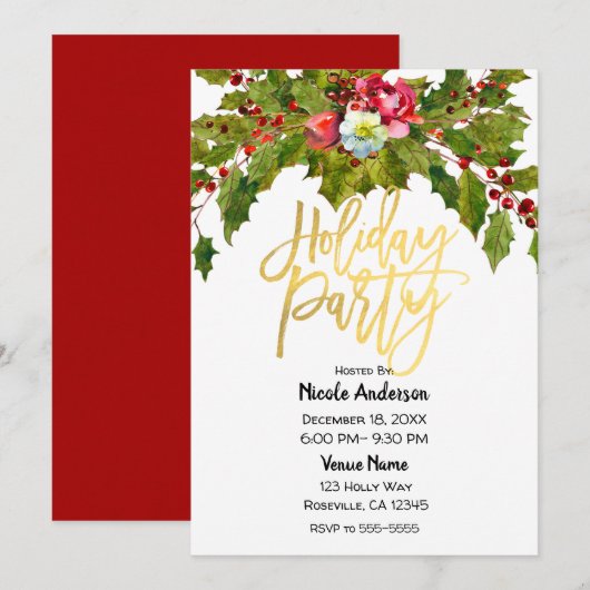 Gouden Script Kerstvakantiefeestje Hulst Bloemstuk Kaart (Voorkant / Achterkant)