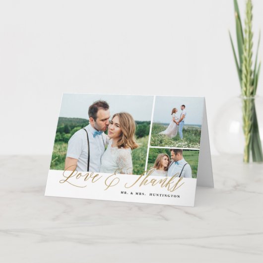 Gouden Script Liefde en Dank 3 Foto Huwelijk Bedankkaart (Voorkant)