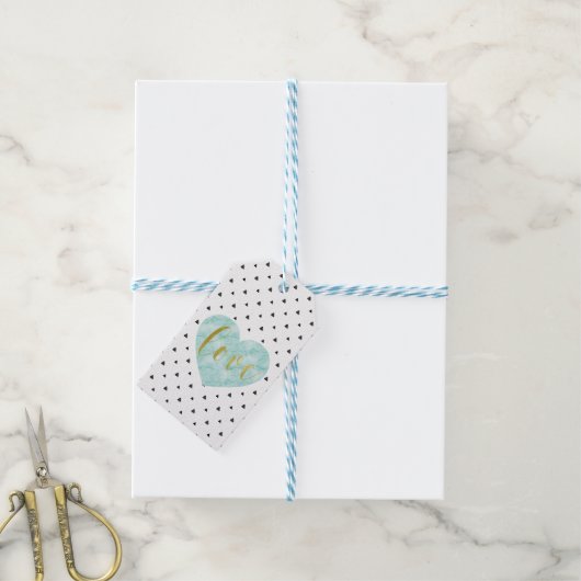 Gouden Script "Liefde" op Waterverf Hart Cadeaulabel (Met Touw)