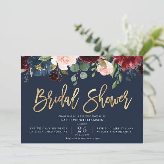 Gouden script marineblauw bloemenblauw vrijgezelle kaart (Staand voorkant)