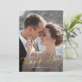 Gouden Script Moderne foto bruiloft dank u kaart (Staand voorkant)