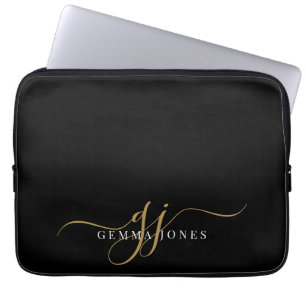 Gouden Script Monogram Initialen Minimalistisch Zw Laptop Sleeve