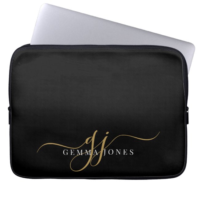 Gouden Script Monogram Initialen Minimalistisch Zw Laptop Sleeve (Voorkant)