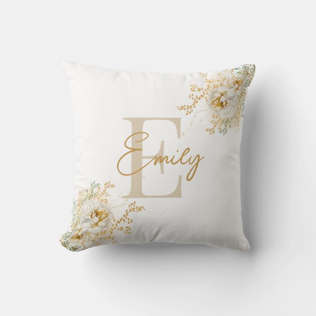 Gouden Script Monogram Naam Modern Elegant Kussen (Voorkant)
