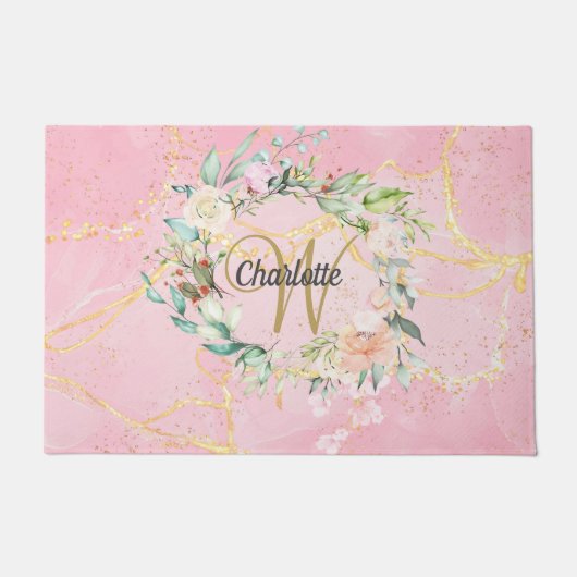 Gouden Script Monogram Roze Geode Agaat Bloem Deurmat (Voorkant)