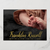 gouden SCRIPT Naam jongen Baby Geboorte Aankondigi Folie Uitnodiging (Voorkant)