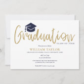 Gouden script Navy Blauwe Foto Afstudeerfeest Kaart (Voorkant)