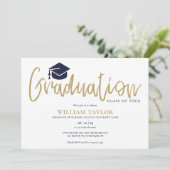 Gouden script Navy Blauwe Foto Afstudeerfeest Kaart (Staand voorkant)