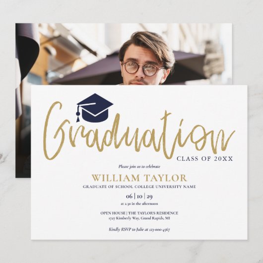 Gouden script Navy Blauwe Foto Afstudeerfeest Kaart (Voorkant / Achterkant)