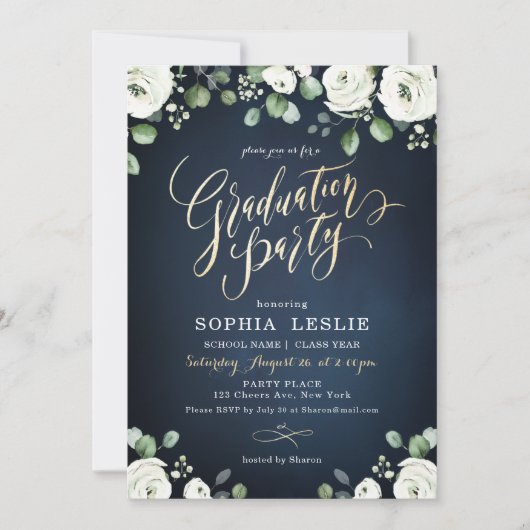 Gouden script navy witte bloemengraduatiefest kaart (Voorkant)