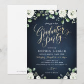 Gouden script navy witte bloemengraduatiefest kaart (Voorkant / Achterkant)