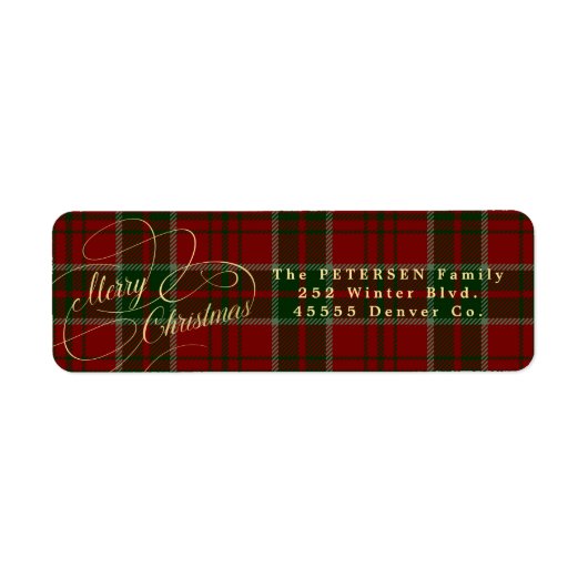 gouden script plaid kerstretouradres etiket (Voorkant)